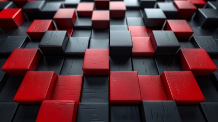 An artistic layout of interlocked black and red blocks creates a visually striking abstract composition, exploring themes of contrast, structure, and modern design aesthetics.
