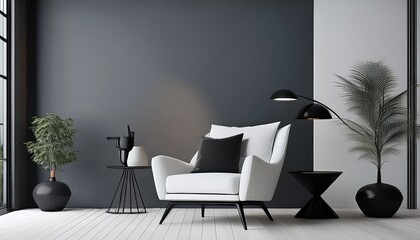 minimalist living room interior with white armchair gray walls and black accents in 3d illustration