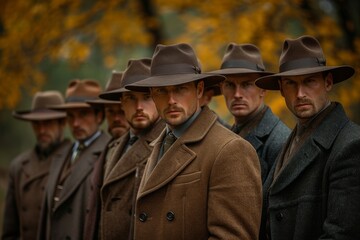 Fototapeta premium A striking ensemble of men dressed in vintage-style coats and hats stand together against a backdrop of autumn foliage, exuding an air of mystery and timeless sophistication.