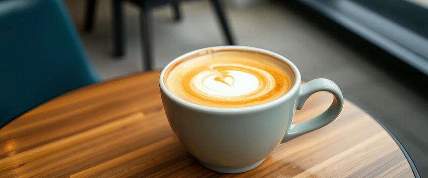 Creamy flat white in a ceramic cup sits on a cafe table, cafe, aesthetic