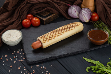 French hot dog on black background with sauce