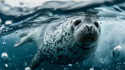 A curious seal swims gracefully underwater, gazing toward the camera amidst a stream of bubbles, showcasing the beauty of marine life in its natural habitat.