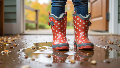 Child's feet in red polka dot rain boots standing in puddle outdoors  