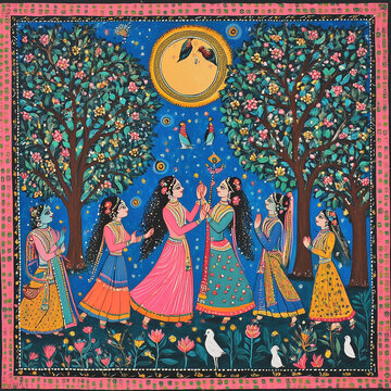 Madhubani Art of Radha Krishna Raas Leela Under Full Moon with Gopis & Peacocks, Intricate Lotus‑Fish Border, Vibrant Folk Mythological Painting