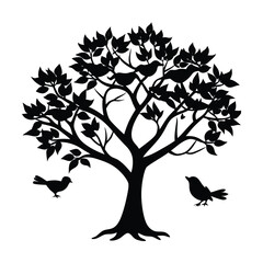 tree with birds in nest silhouetted on branch  .eps
