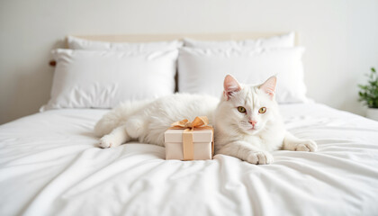 White cat resting on bed with gift box in cozy bedroom setting  