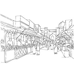 Fototapeta premium Sketch of a busy market scene with vendors and shoppers 