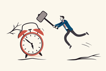 Procrastination postpone to get thing done later, too tight business deadline or cannot finish work in time concept, young man holding big hammer smashing on loud reminding alert alarm clock.