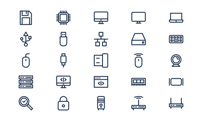Information technology icon representing digital infrastructure, computing systems, and network management in outline style