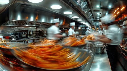 An action-packed kitchen scene showing chefs energetically preparing dishes, showcasing the fast-paced environment and artistry behind culinary creations.