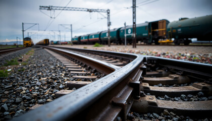 Fototapeta premium Train tracks curving towards freight trains in an industrial yard 