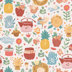 Seamless vector pattern with abstract poppy, daisy, camomile, dandelion flowers and branches. Cute country style floral background. Vintage cottagecore. Wallpaper, wrapping paper, surface design