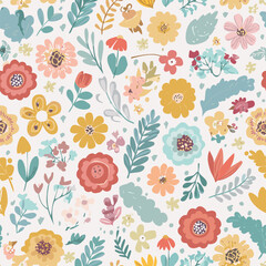 Seamless vector pattern with abstract poppy, daisy, camomile, dandelion flowers and branches. Cute country style floral background. Vintage cottagecore. Wallpaper, wrapping paper, surface design