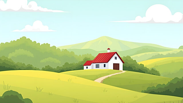 Illustrated countryside landscape with farmhouse on rolling hills under cloudy sky