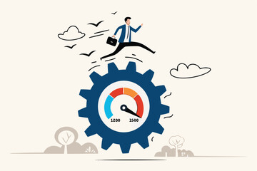 Work performance evaluation, full efficiency or maximum productivity, ambition or motivation to growth in business concept, ambitious businessman running at full speed to rotate measure cogwheel gear.