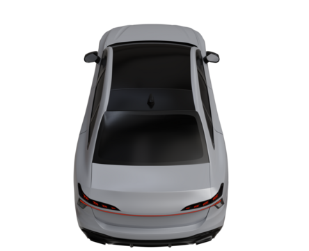 Overhead view of a sleek, white sedan with a panoramic sunroof, showcasing its rear design featuring slim, horizontal taillights with a subtle red accent.  The car's body is smooth and modern