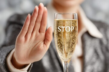 A person gesturing to stop alcohol consumption with a glass of sparkling wine, emphasizing a message against alcohol abuse and promoting a healthy lifestyle choice.