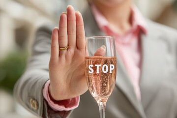Woman refusing alcohol with a gesture, holding a glass with word STOP on it, advocating for responsible drinking and a healthy lifestyle, dressed in a suit jacket.
