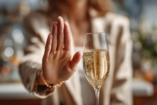 Woman refusing alcohol, politely declining champagne at social gathering event, demonstrating healthy lifestyle choice and sobriety commitment for wellbeing.