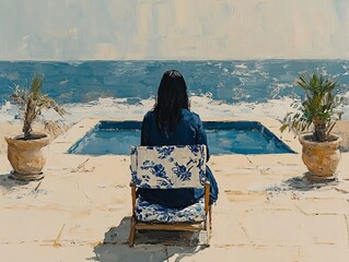 Fototapeta premium Serene Oceanside Vista: Woman on Floral Chair Gazing at the Sea with Pool and Palm Trees in Abstract Oil Painting Style, Capturing the Tranquility of Resort Vacation