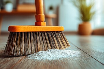 A close-up of a wooden broom cleaning a pile of dust on a hardwood floor indoors, showcasing cleanliness and maintenance in a modern home with a blurred background.