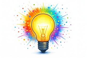 Illuminated innovation light bulb with creative energy radiating colorful particles on clean white background representing bright ideas and inspiration