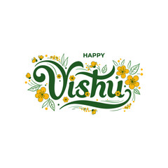 Vishu Calligraphy Vector with Kani Konna Flowers and Leaf Elements – Minimal Festive Design