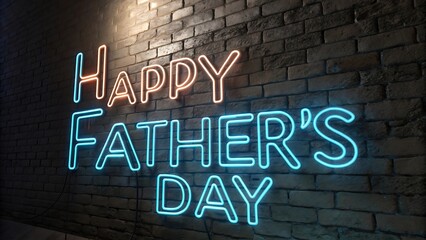 Obraz premium Neon Father's Day: A vibrant neon sign casts its luminous glow upon a textured brick wall, conveying the warmth of Father's Day.