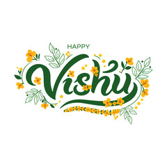Vishu Calligraphy Vector with Kani Konna Flowers and Leaf Elements – Minimal Festive Design