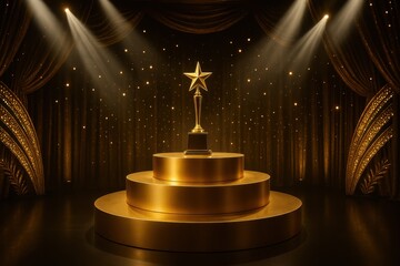 Luxury awards ceremony stage with golden podium and glamorous spotlight effects creating prestigious event atmosphere for recognition and achievement