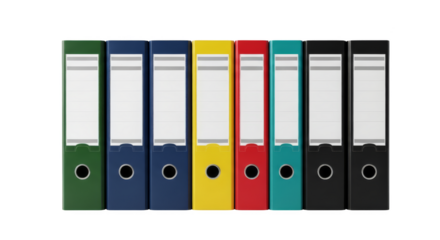 Organized rainbow document binders on black background