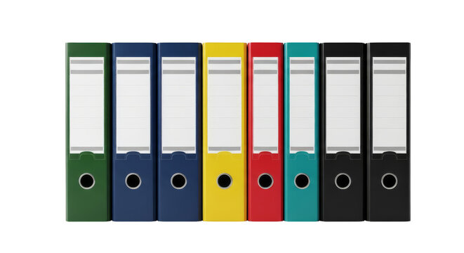 Organized rainbow document binders on black background