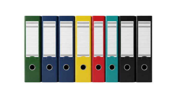 Organized rainbow document binders on black background - Powered by Adobe