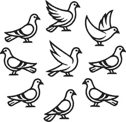 Fototapeta premium Nine Black and White Pigeon Illustrations Circular Arrangement