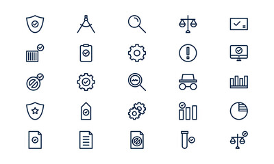 Quality control icon depicting inspection, standard assurance, and precision process in outline style