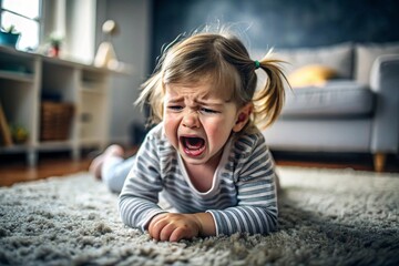 A little girl is lying on the floor. Childish hysteria. The child screams, sobs, gets cranky and gets hysterical. Discontent.