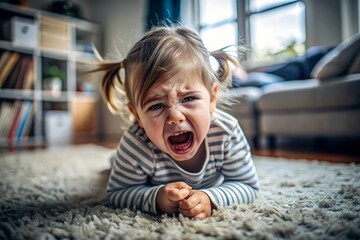 A little girl is lying on the floor. Childish hysteria. The child screams, sobs, gets cranky and gets hysterical. Discontent.