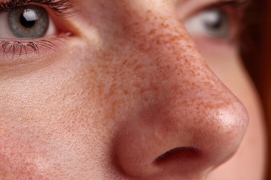 Close-up shot of a woman's face, showcasing her nose and beautiful blue eyes, skin details, and freckles in natural light, capturing her authentic features and texture.