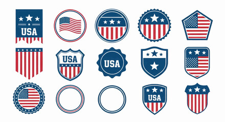 High-quality image of fifteen detailed patriotic-themed badges in blue, white, and red, arranged in two rows on a plain white background, perfect for vector use.