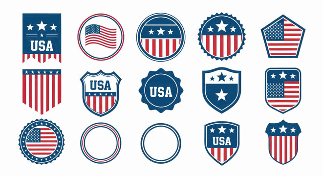 High-quality image of fifteen detailed patriotic-themed badges in blue, white, and red, arranged in two rows on a plain white background, perfect for vector use.