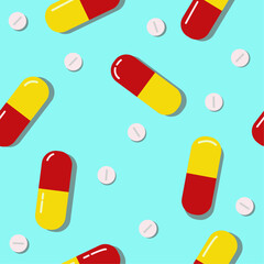 A seamless background with pills and capsules. A bright colorful medical background. Red, yellow and blue medicine background.