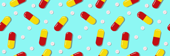 A seamless background with pills and capsules. A bright colorful medical background. Red, yellow and blue medicine background.