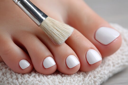 Close-up of a woman's foot with white painted toenails, prepared with brush for cleaning or painting, lying on a soft white towel, a relaxing foot care treatment.