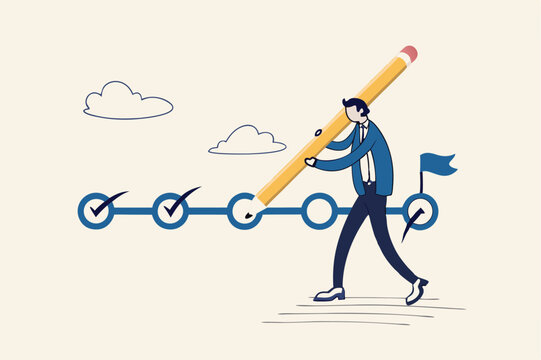 Project tracking, goal tracker, task completion or checklist to remind project progress concept, businessman project manager holding big pencil to check completed tasks in project management timeline.