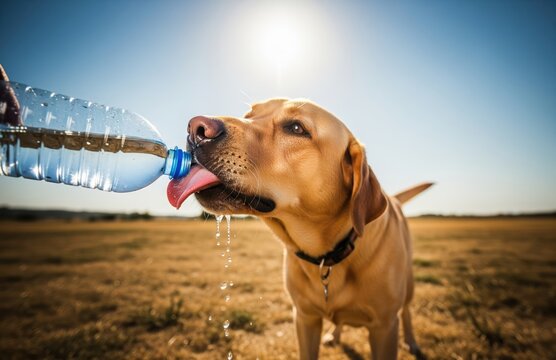 Thirsty Labrador Licks Water From Bottle While Sitting on Parched Summer Field Under Blazing Sunlight Illustrating Need for Pet Hydration in Heat