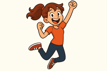 Joyful cartoon girl jumping for joy. Happy young woman celebrating success and victory. Excited female character cheering with fist up. Cheerful kid mascot vector illustration isolated.