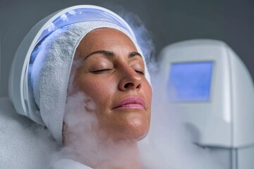 Woman receiving cryogenic facial therapy, promoting skin rejuvenation and overall wellness in a modern spa setting for health and beauty enhancement.