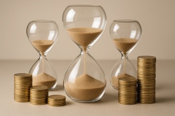Time is Money Concept with Sand Clocks and Coins for Business and Financial Time Management