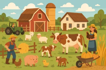 Gordijnen Cartoon farm scene with happy farmers, livestock animals, red barn and tractor. Agricultural vector illustration of rural countryside life with cow, sheep, pig, chicken and goat. © Fabian