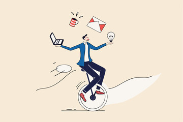 Productive master, productivity and project management skill, multitasking work and time management concept, skillful businessman riding unicycle juggling elements, laptop, calendar, ideas and emails.